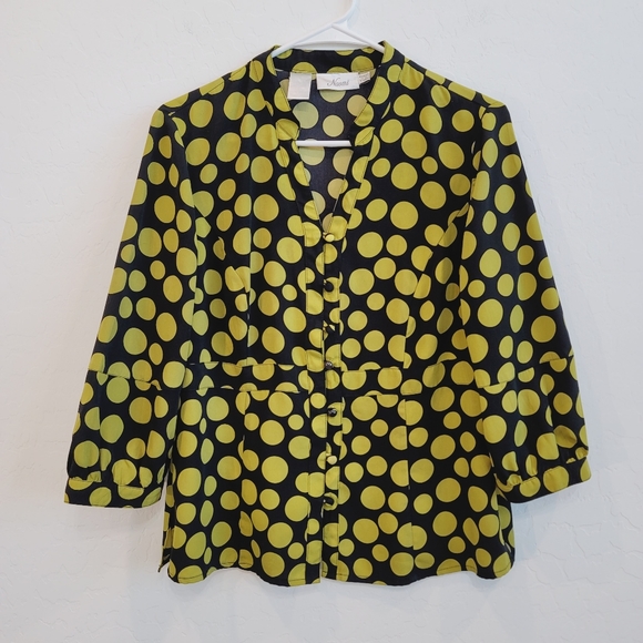 💕 Naomi Black & Mustard Polka Dots Button Front Blouse Top Women's Size Medium - Picture 10 of 11